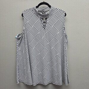 Cato Shirt Womens 26/28W Black White Sleeveless Mock Neck Lattice Keyhole Print